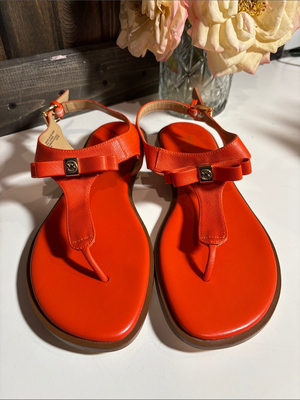 Michael Kors Vibrant Orange Bow T-Strap Sandals